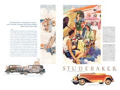 Studebaker President Eight Victoria, Commander Eight Brougham and President Eight State Roadster for Four Ad (July, 1929): Southampton Sparkling Sands...Long Island...Where One Meets Those Who Know Fine Cars - Illustrated by Harry Laverne Timmins