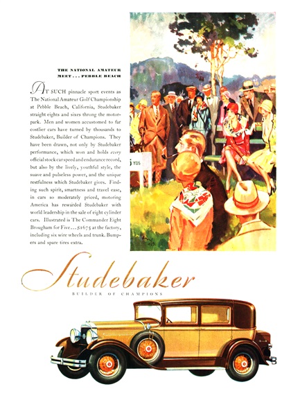 Studebaker Commander Eight Brougham for Five Ad (September, 1929): The National Amateur Meet...Pebble Beach - Illustrated by Harry Laverne Timmins