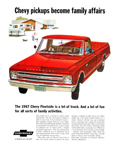 Chevrolet Fleetside Pickup Ad (1967): Chevy pickups become family affairs