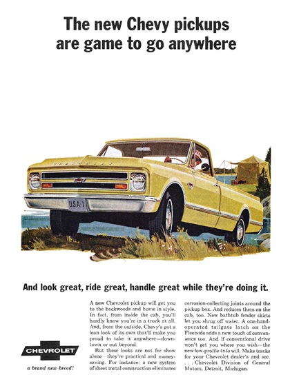 Chevrolet Fleetside Pickup Ad (1967): The new Chevy pickups are game to go anywhere