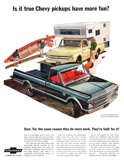 Chevrolet Fleetside Pickup and Custom Camper Ad (May, 1967): Is it true Chevy pickups have more fun?