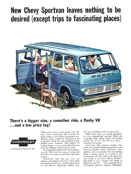 Chevrolet Sportvan 108 Ad (1967): New Chevy Sportvan leaves nothing to be desired (except trips to fascinating places)