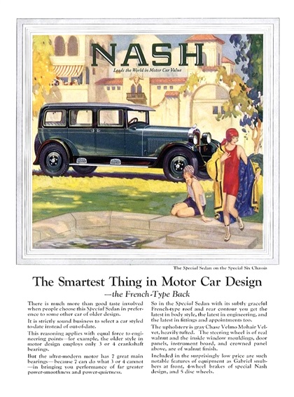 Nash Special Sedan on Special Six Chassis Ad (May, 1927): The Smartest Thing in Motor Car Design — the French-Type Back