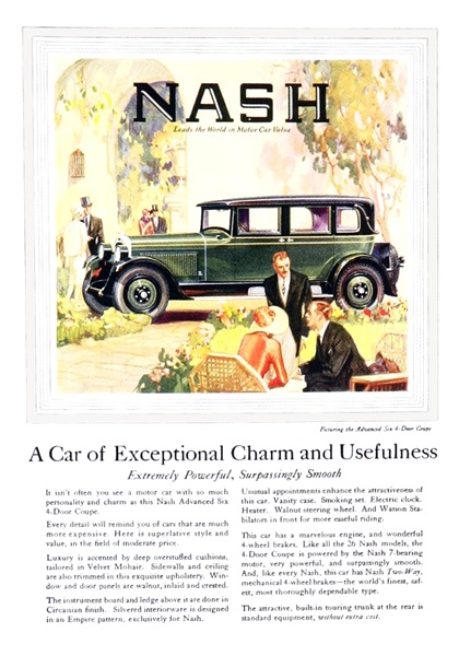 Nash Advanced Six 4-Door Coupe Ad (April, 1927): A Car of Exceptional Charm and Usefulness