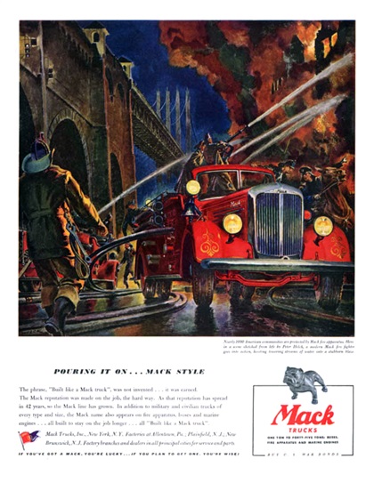 Mack Trucks Ad (December, 1942): Pouring it on... Mack Style - Illustrated by Peter Helck