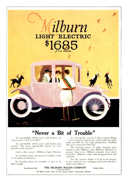 Milburn Light Electric Ad (September–October, 1916) - Never a Bit of Trouble