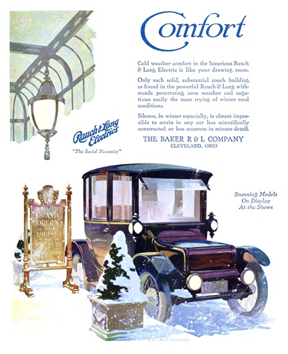 Rauch & Lang Electrics Ad (January, 1917): Comfort - Illustrated by C. Everett Johnson