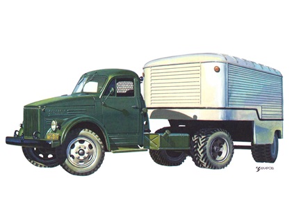 ГАЗ–51П (Седельный тягач на базе ГАЗ–51 с полуприцепом ПАЗ–744), 1956–1975 – Рисунок А. Захарова / Из коллекции «За рулём» 1982-8