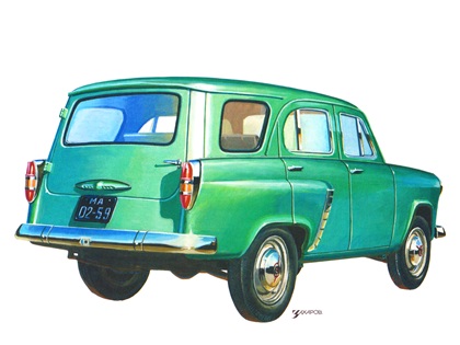 Москвич–423 (Первый в СССР серийный автомобиль с кузовом «универсал»), 1957–1958 – Рисунок А. Захарова / Из коллекции «За рулём» 1980-6