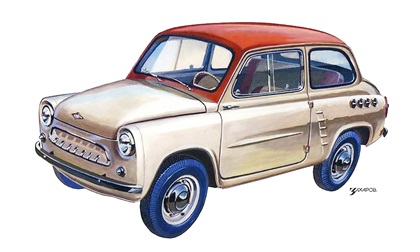 Москвич–411 (Прототип ЗАЗ–965), 1958 – Рисунок А. Захарова / Из коллекции «За рулём» 1980-7