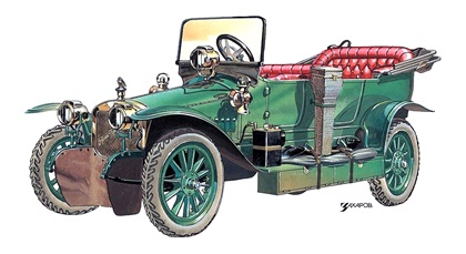 Руссо-Балт С24/30 (VII серии с кузовом дубль-фаэтон), 1911 – Рисунок А. Захарова / Из коллекции «За рулём» 1981-1