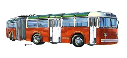 СВАРЗ–ТС1 (Первый отечественный серийный сочлененный троллейбус), 1960–1967 – Рисунок А. Захарова / Из коллекции «За рулём» 1985-11