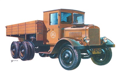 ЯГ–10 (Первый отечественный трехосный грузовик), 1932–1935 – Рисунок А. Захарова / Из коллекции «За рулём» 1979-2