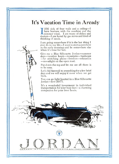 Jordan Blue Silhouette Ad (September, 1923): It's Vacation Time in Arcady - Illustrated by Fred Cole