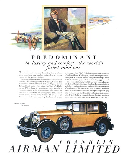 Franklin Airman Limited Ad (December, 1928): Sport Sedan Five Passengers - Illustrated by Raymond Thayer