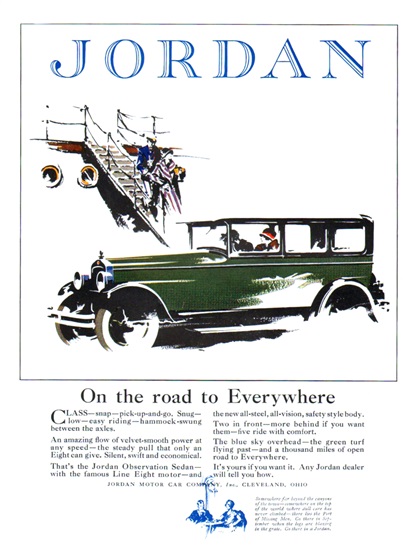 Jordan Observation Sedan Ad (September, 1926): On the road to Everywhere - Illustrated by Fred Cole?