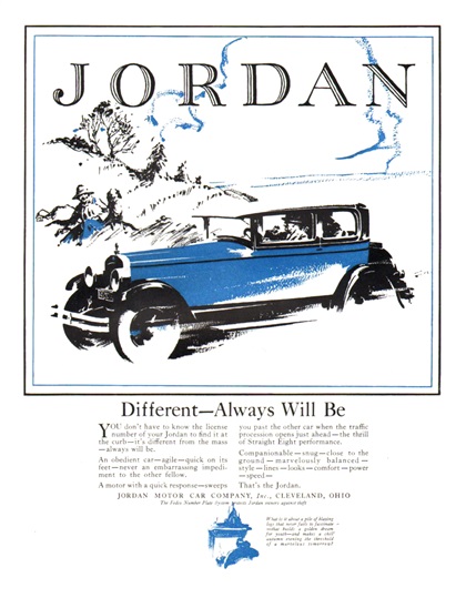 Jordan Straight Eight Ad (November, 1926): Different — Always Will Be - Illustrated by Fred Cole