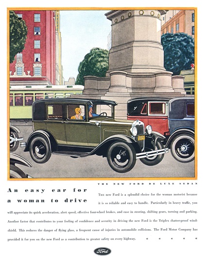 Ford Model A De Luxe Sedan Ad (July, 1930): An easy car for a woman to drive