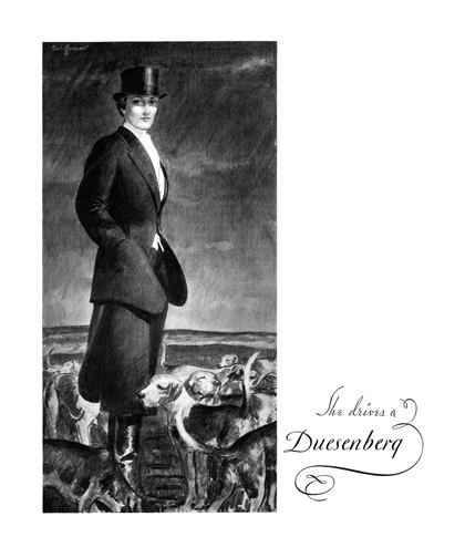 Duesenberg Ad (April, 1934): She Drives a Duesenberg - Illustrated by Paul Gerding