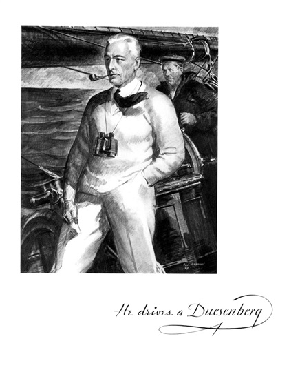 Duesenberg Ad (May, 1934): He Drives a Duesenberg - Illustrated by Paul Gerding