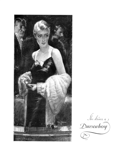 Duesenberg Ad (May, 1935): She Drives a Duesenberg - Illustrated by Paul Gerding