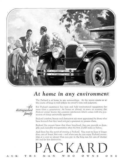 Packard Ad (June-July, 1926): At home in any environment - Illustrated by J. Karl