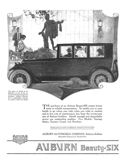 Auburn Beauty Six Ad (September, 1920): Apollo of the Belvedere - Illustrated by Karl Godwin
