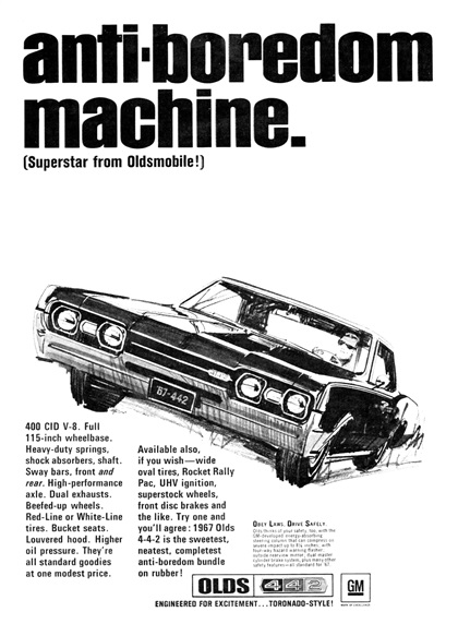 Oldsmobile 442 Ad (November, 1966): Anti-boredom machine.
