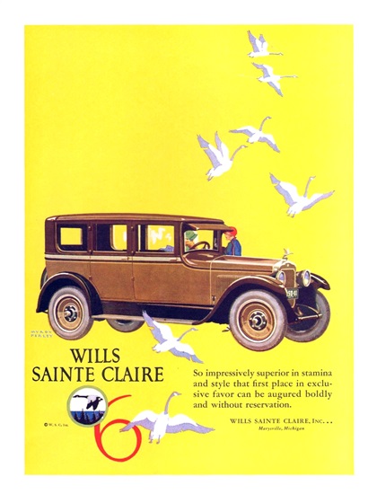 Wills Sainte Claire Six Sedan Ad (October-November, 1925): Illustrated by Myron Perley