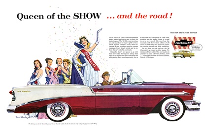 Chevrolet Bel Air Convertible Ad (January, 1956): Queen of the SHOW... and the road! - Illustrated by Bruce Bomberger
