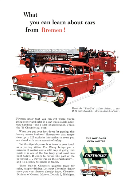 Chevrolet "Two-Ten" 4-Door Sedan Ad (April, 1956): What you can learn about cars from firemen!