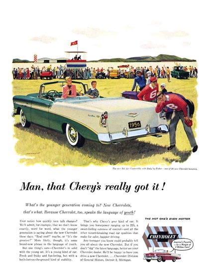 Chevrolet Bel Air Convertible Ad (May, 1956): Man, that Chevy's really got it! - Illustrated by Paul Nonnast