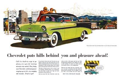Chevrolet Bel Air Sport Coupe Ad (May, 1956): Chevrolet puts hills behind you and pleasure ahead! - Illustrated by Fred Ludekens