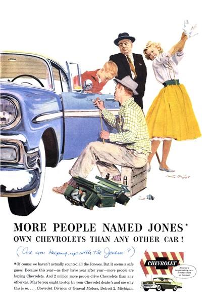 Chevrolet Ad (September, 1956): More people named Jones own Chevrolets than any other car! - Illustrated by Austin Briggs