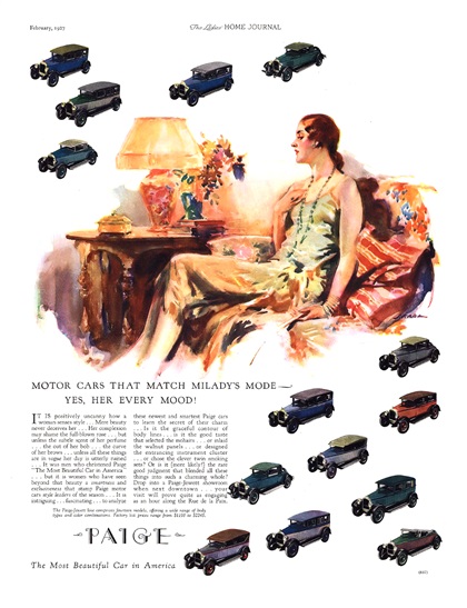 Paige Ad (February, 1927): Motor Cars That Match Milady's Mode - Yes, Her Every Mood! - Illustrated by J. Karl