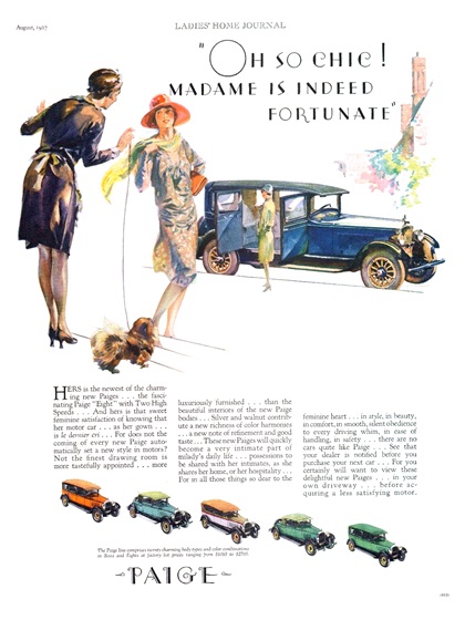Paige Ad (August, 1927): Oh so Chic! Madame is Indeed Fortunate - Illustrated by J. Karl