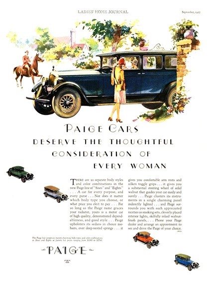 Paige Ad (September, 1927): Paige Cars Deserve the Thoughtful Consideration of Every Woman - Illustrated by J. Karl