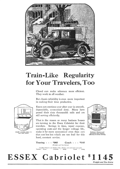 Essex Cabriolet Ad (February, 1923) – Illustrated by Roy Frederic Heinrich – Train-Like Regularity for Your Travelers, Too