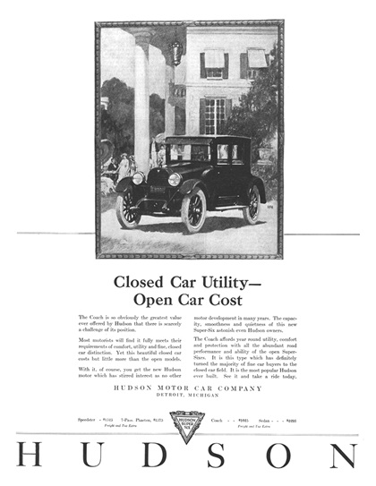 Hudson Super-Six Coach Ad (October, 1922) – Closed Car Utility–Open Car Cost – Illustrated by Roy Frederic Heinrich