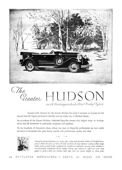 Hudson Super-Six Ad (April, 1929): Illustrated by Chas. A. Barker