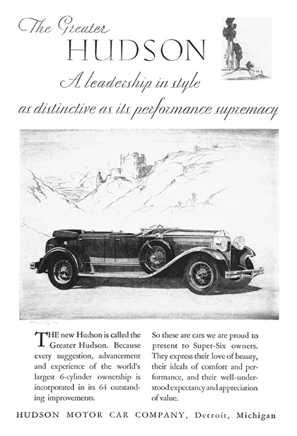 Hudson Super-Six Ad (May, 1929): Illustrated by Chas. A. Barker
