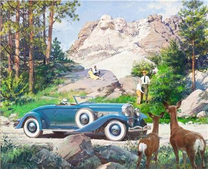 1936 Duesenberg Model JN Convertible Coupe: Mt. Rushmore National Monument, Black Hills, South Dakota - Illustrated by Harry Anderson
