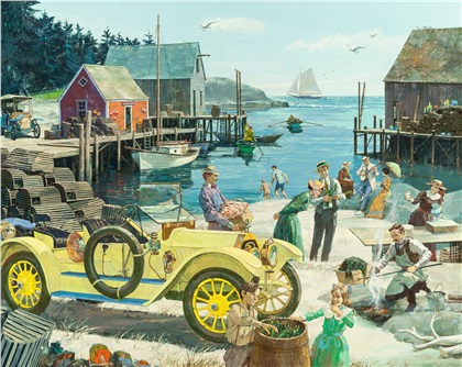 1912 Oldsmobile 'Autocrat' Roadster: New England Clambake - Calendar illustration by Kenneth Riley
