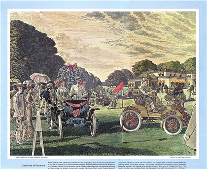 1968-09: Carnival of Flowers (1898 Columbia Mark XII Electric Victoria Runabout and Peugeot at Newport, R.I.) - Illustrated by Leslie Saalburg