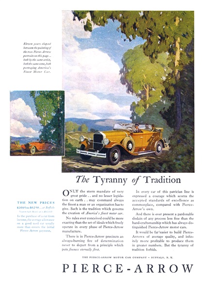 Pierce-Arrow Ad (March–April, 1930) - Illustrated by Cecil Chichester - Eleven years elapsed between the painting of the two Pierce-Arrow portraits on this page... both by the same artists, both the same scene, both portraying America's Finest Motor Car.