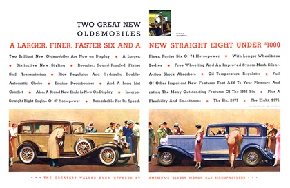 Oldsmobile Ad (January, 1932): A Larger, Finer, Faster Six and a New Straight Eight Under $1000