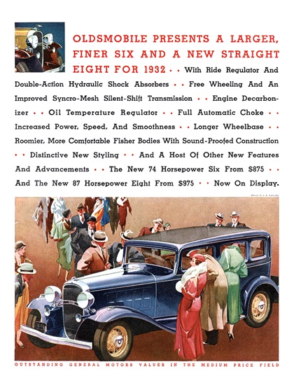 Oldsmobile Ad (February, 1932): Oldsmobile Presents a Larger, Finer Six and a New Straight Eight for 1932