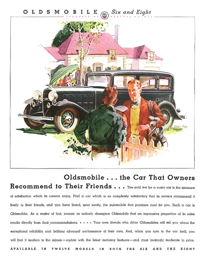 Oldsmobile Four Door Sedan Ad (August, 1932): Illustrated by George Rapp