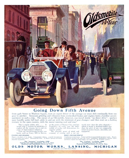 Oldsmobile Autocrat Ad (November–December, 1911): Going Down Fifth Avenue – Illustrated by George Gibbs