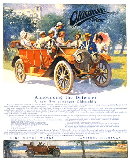Oldsmobile Defender Five-Passenger Touring Ad (January, 1912): Announcing the 'Defender' – Illustrated by George Gibbs
